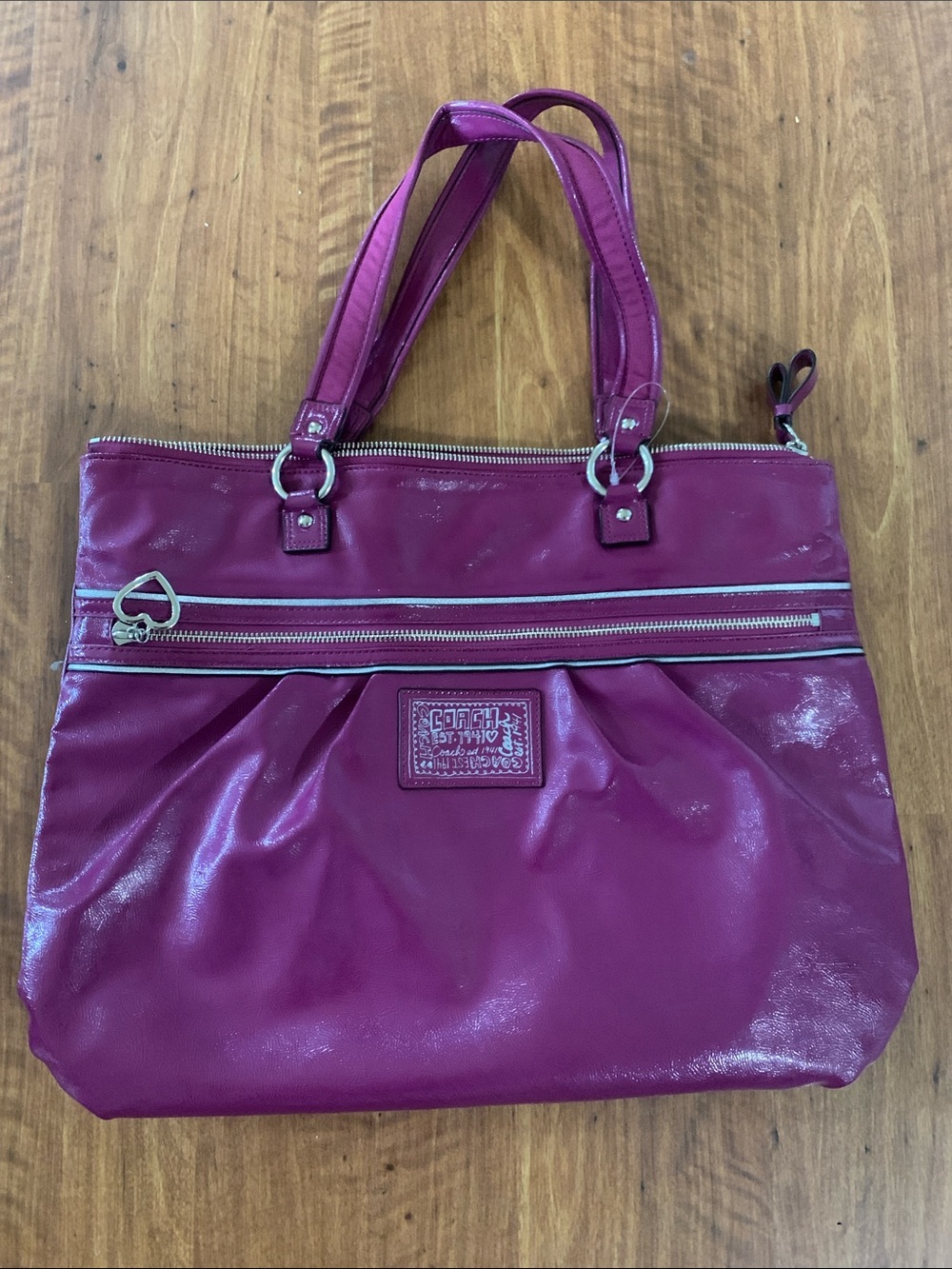 Coach Poppy Magenta Patent Leather Tote with Zip Pocket